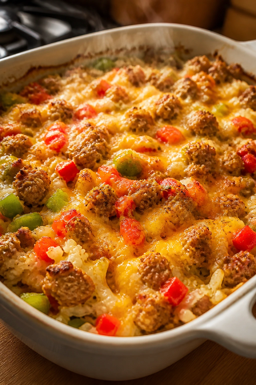 Bubbly sausage pepper cauliflower casserole with cheese topping