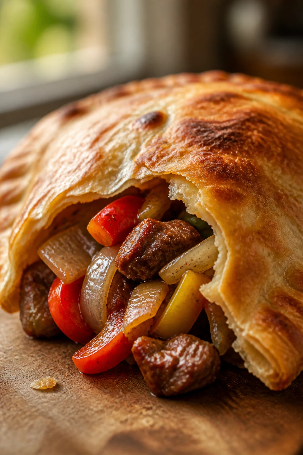 Close-up of sausage pepper onion empanada filling