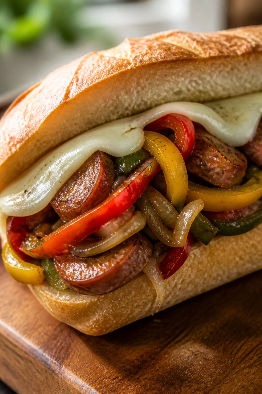 Close-up of sausage and pepper hoagie on wooden board