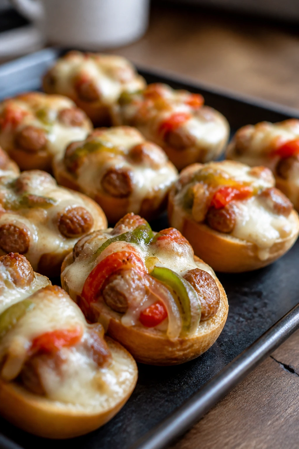 Bite-sized sausage and pepper hoagie bites with melted cheese