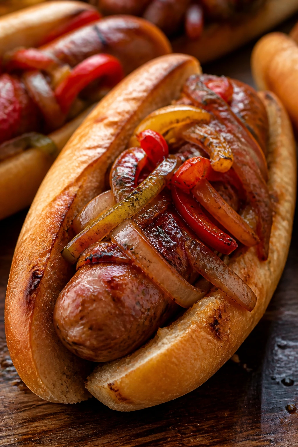 Close-up of sausage and pepper hoagie on a hoagie roll