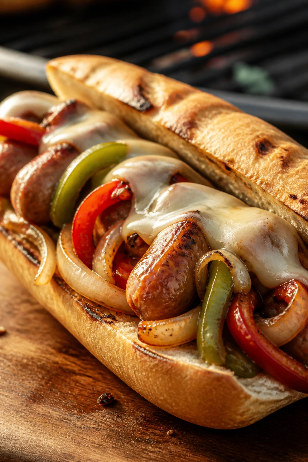 Close-up of sausage pepper onion hoagie with melted provolone