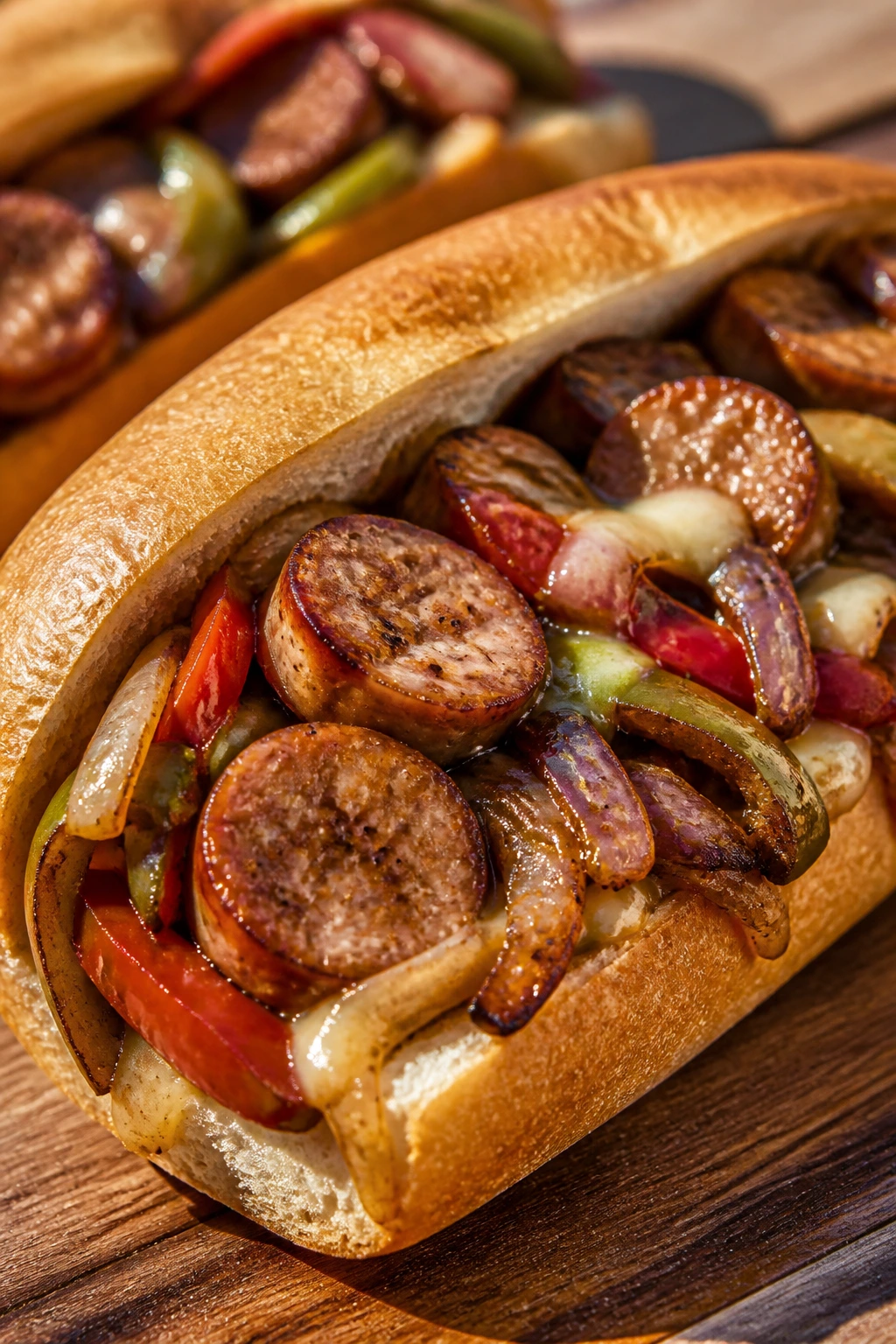 Close-up of a toasted hoagie loaded with sausage, peppers, and onions.