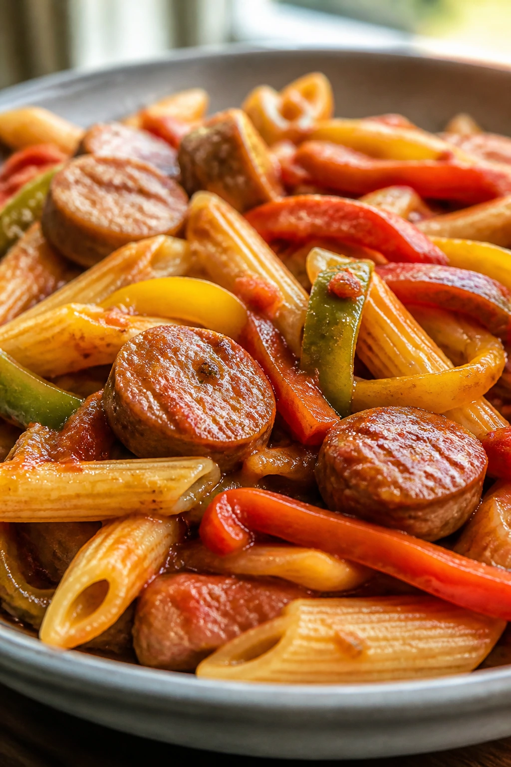 Plate of sausage and pepper pasta with sausage slices and peppers in creamy tomato sauce