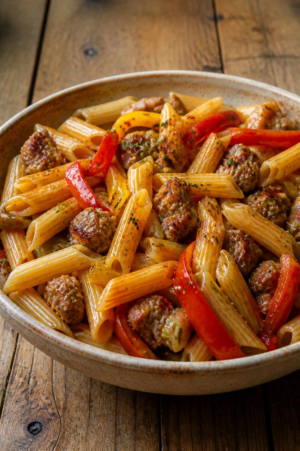 Close-up of sausage and pepper pasta in a bowl
