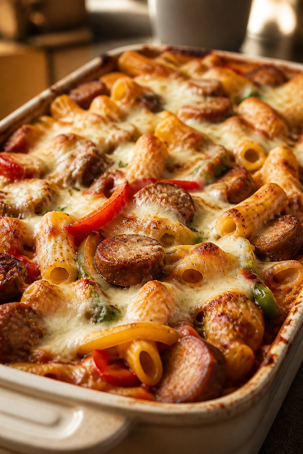 Close-up of Sausage and Pepper Pasta Bake in a baking dish