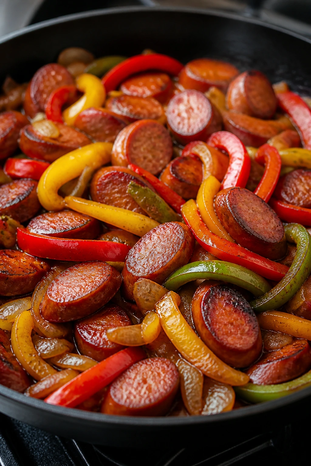 Sausage and peppers cooking in a skillet