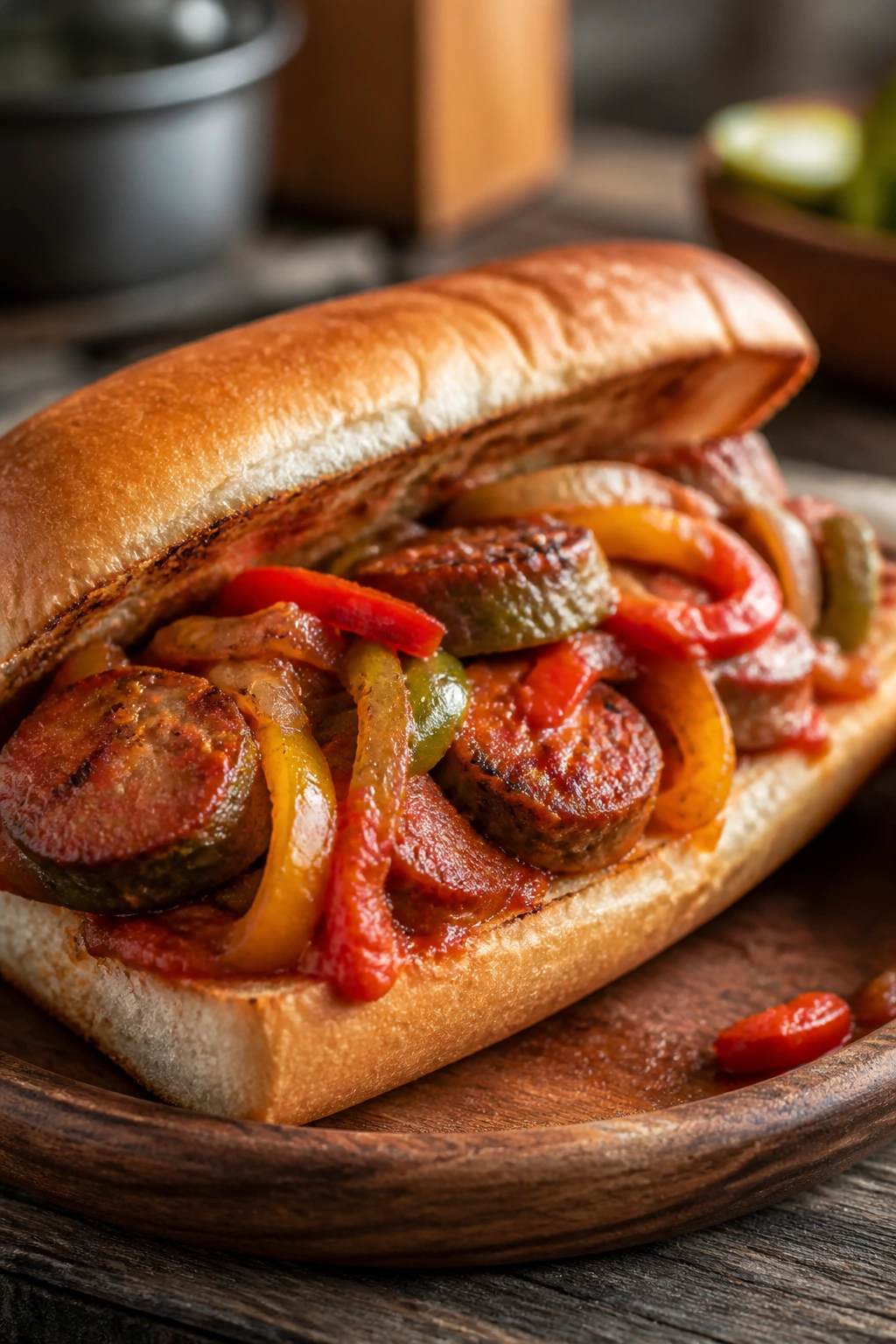 Close-up of a sausage and pepper sub on a toasted roll with peppers