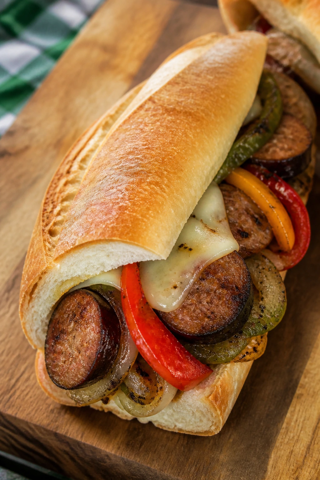 Cross-section of a sausage and pepper sub on a cut-open hoagie outdoors
