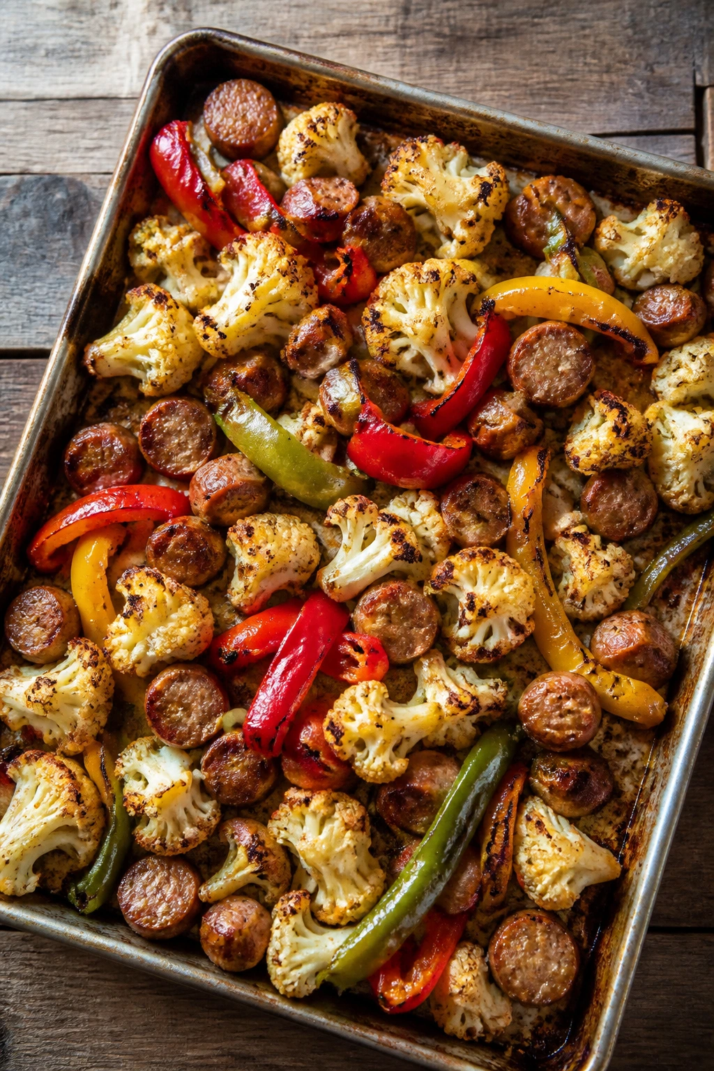 Sheet pan sausage peppers cauliflower top-down view