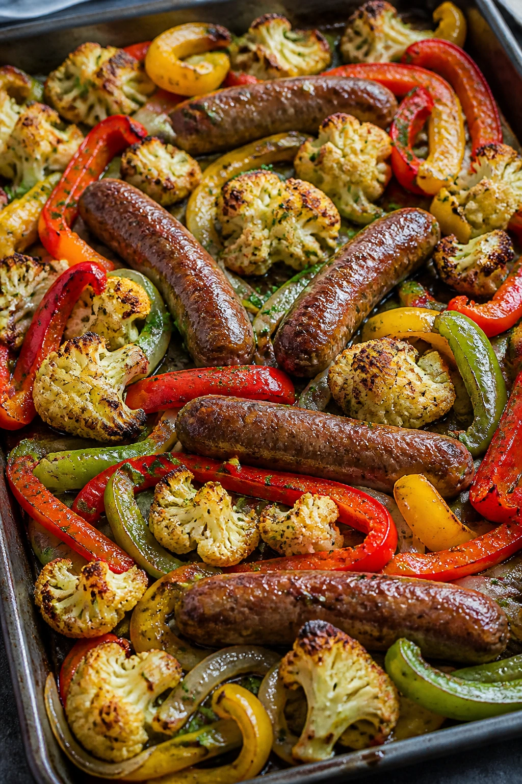Close-up of sheet pan sausage peppers cauliflower roast