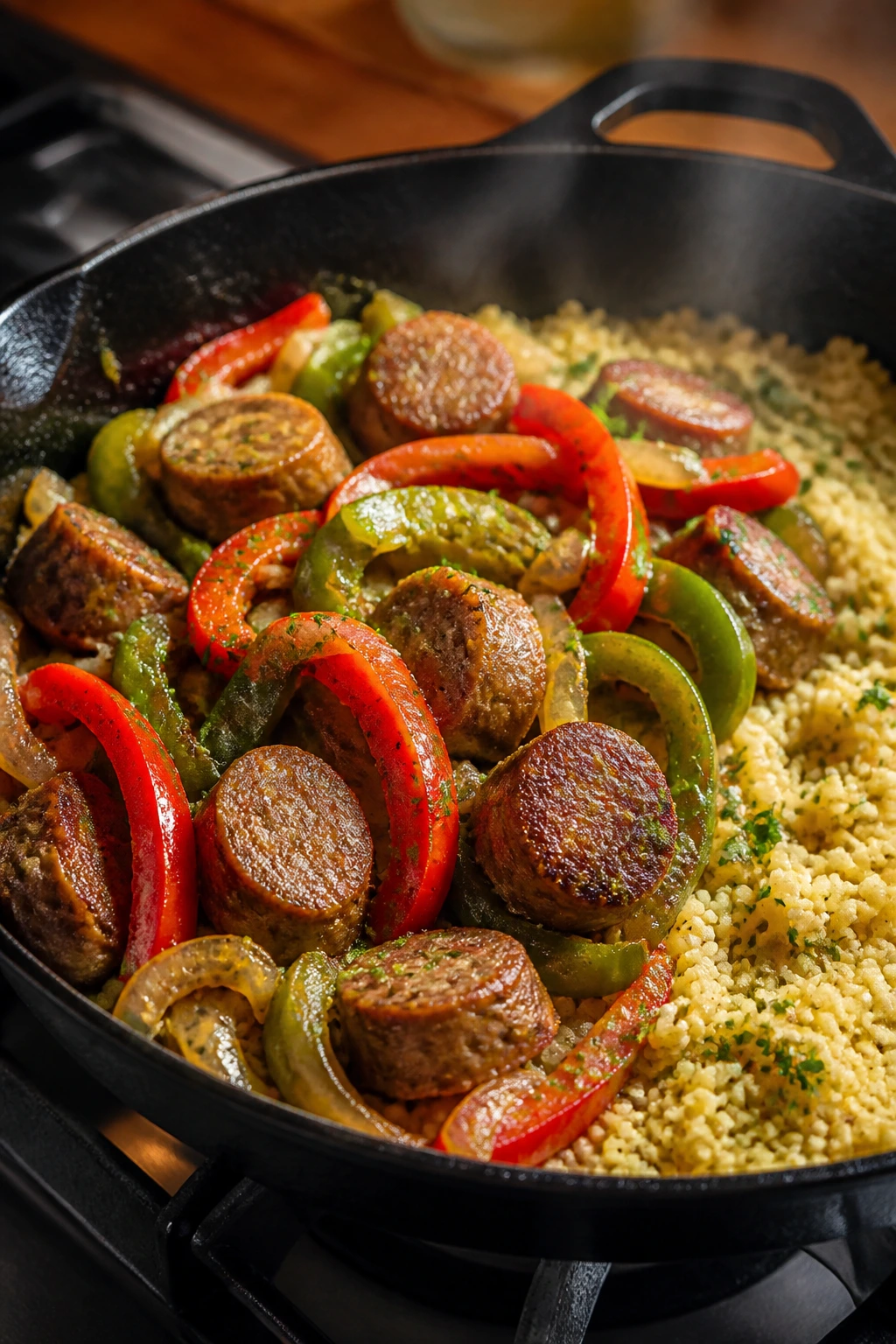 Sausage and peppers over couscous in a skillet on a stove