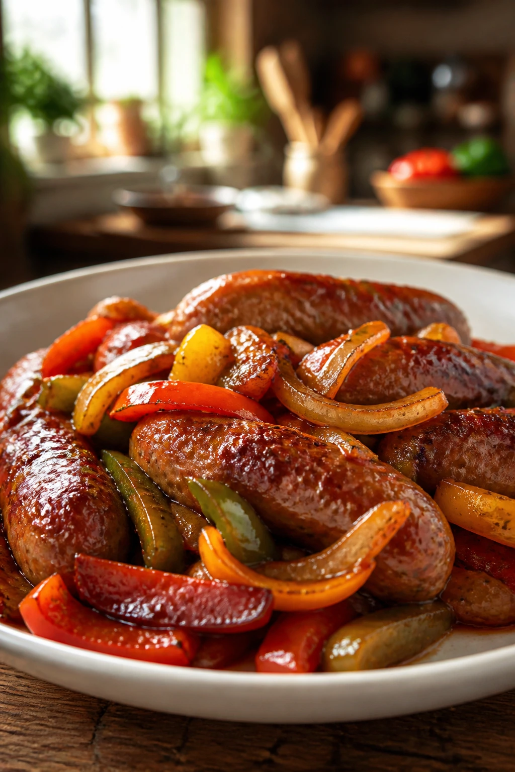 plated sausage and peppers with glossy brown sugar glaze in a warm kitchen