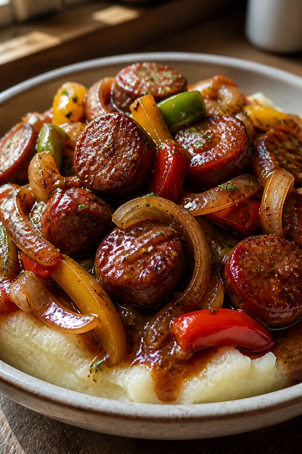 Close-up of sausage with peppers and glaze in a shallow bowl on a warm kitchen counter