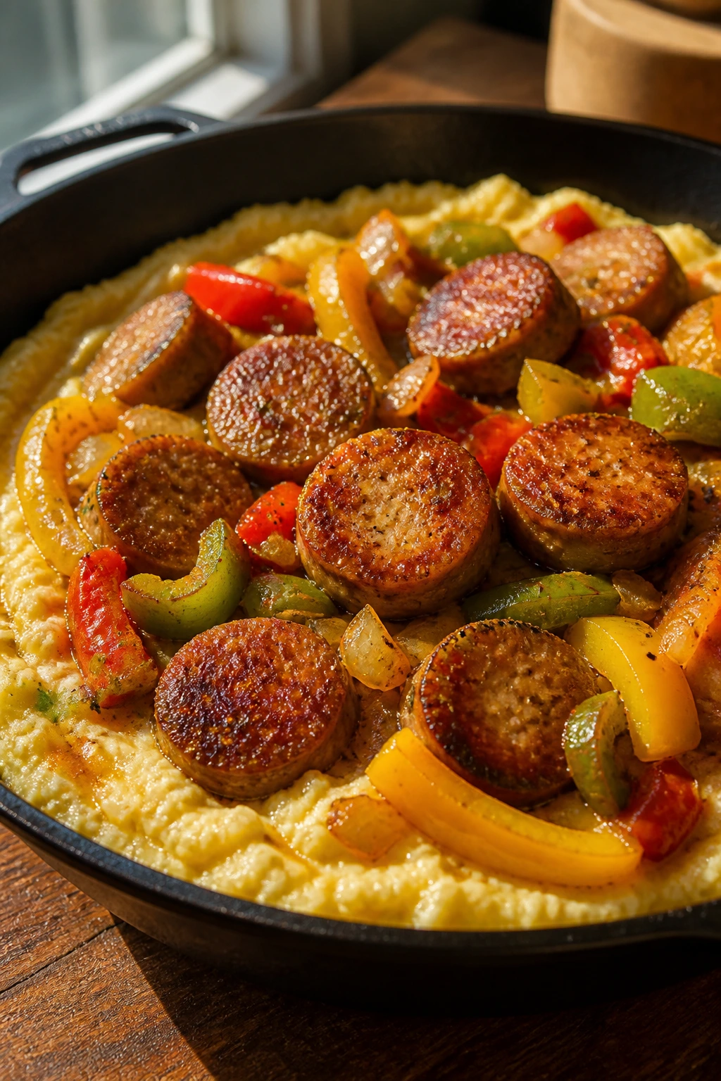 Sausage peppers and grits skillet with creamy grits and peppers in cast-iron pan