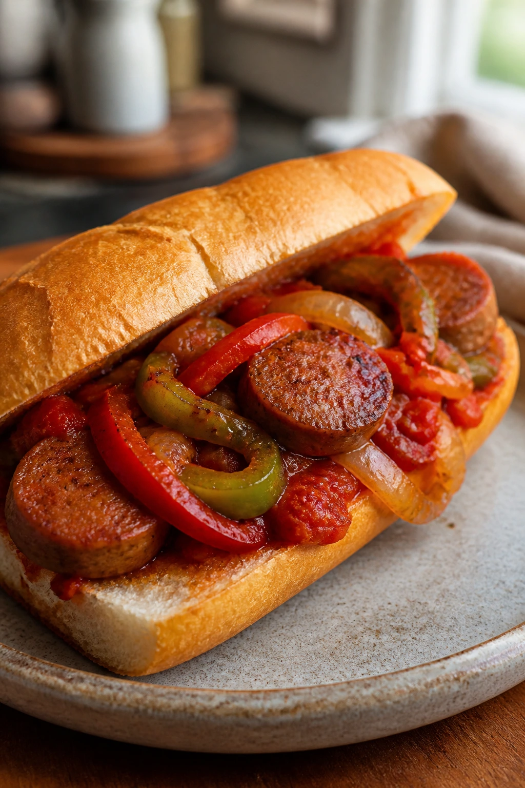 Close-up of a sausage and peppers hoagie on a plate