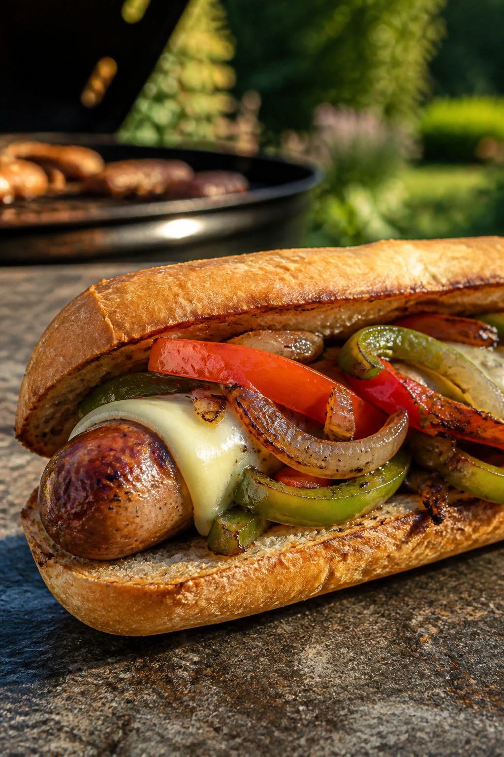 Close-up of a sausage and peppers hoagie on a toasted roll