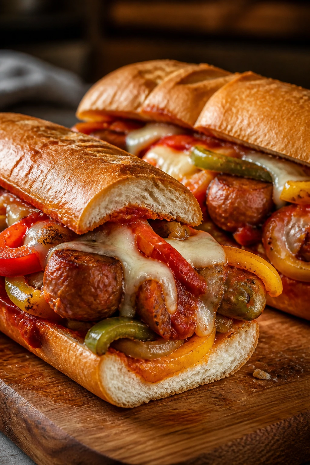 Close-up of a sausage and pepper hoagie with marinara and melted mozzarella on a toasted roll.