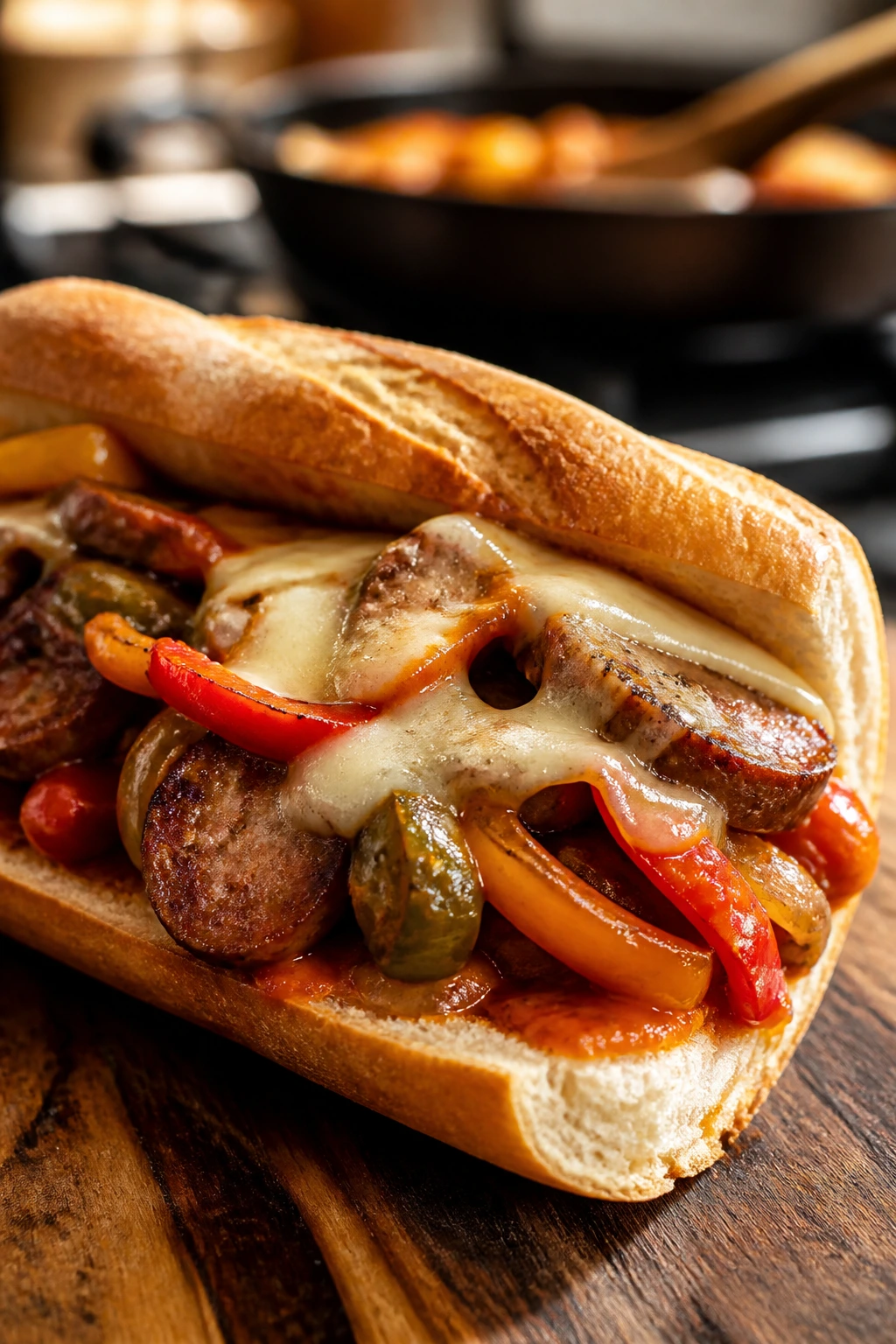 Close-up of a sausage and peppers hoagie on a wooden board in a cozy kitchen