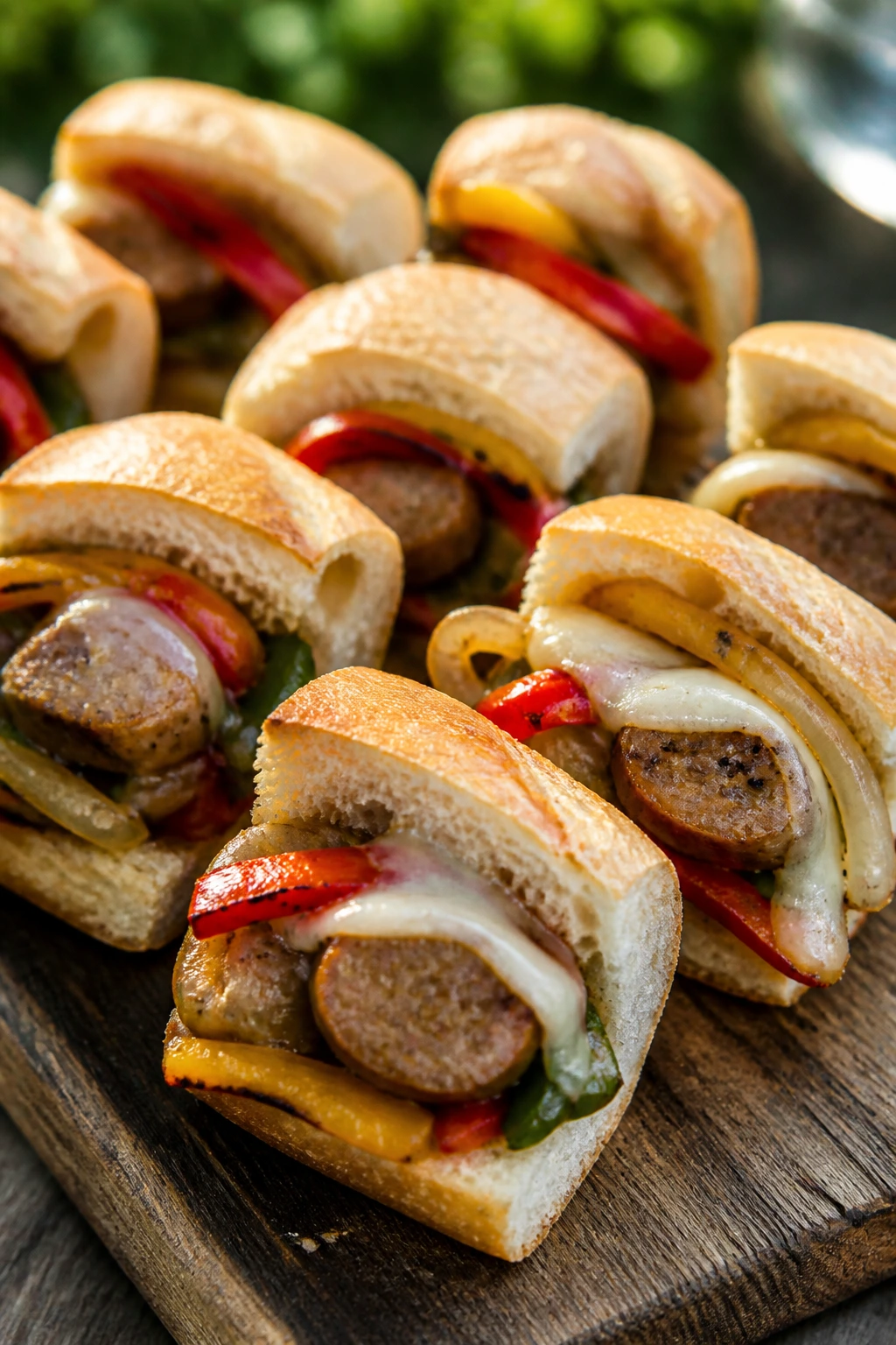 Close-up of sausage and peppers hoagie bites on a wooden board