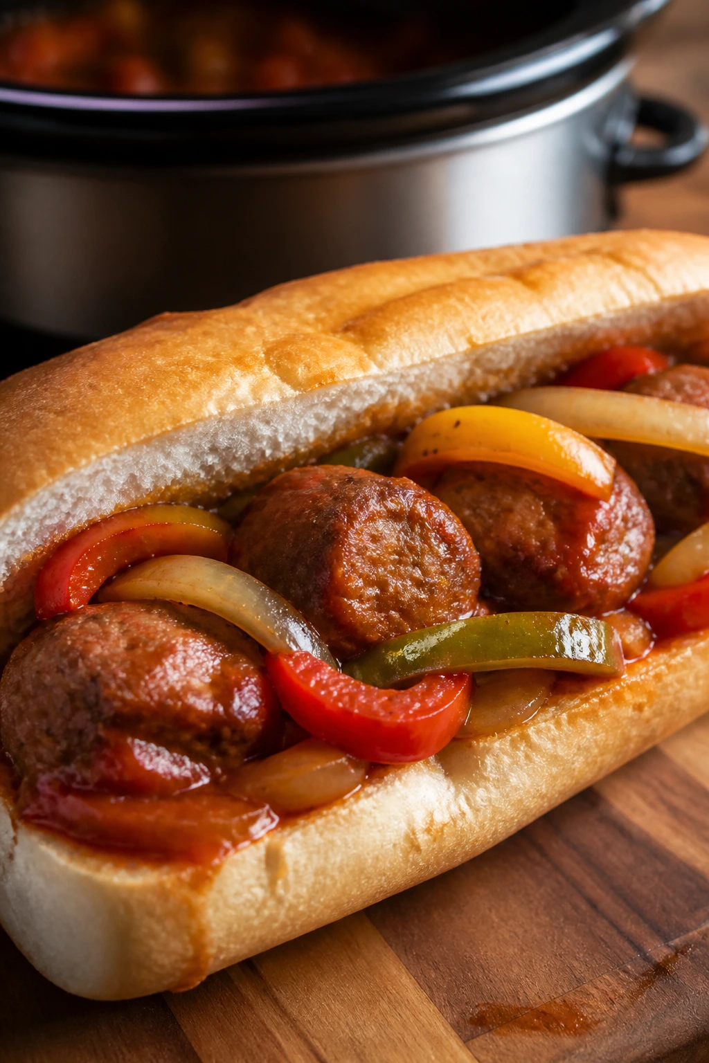 Close-up of sausage and peppers hoagie loaded with peppers