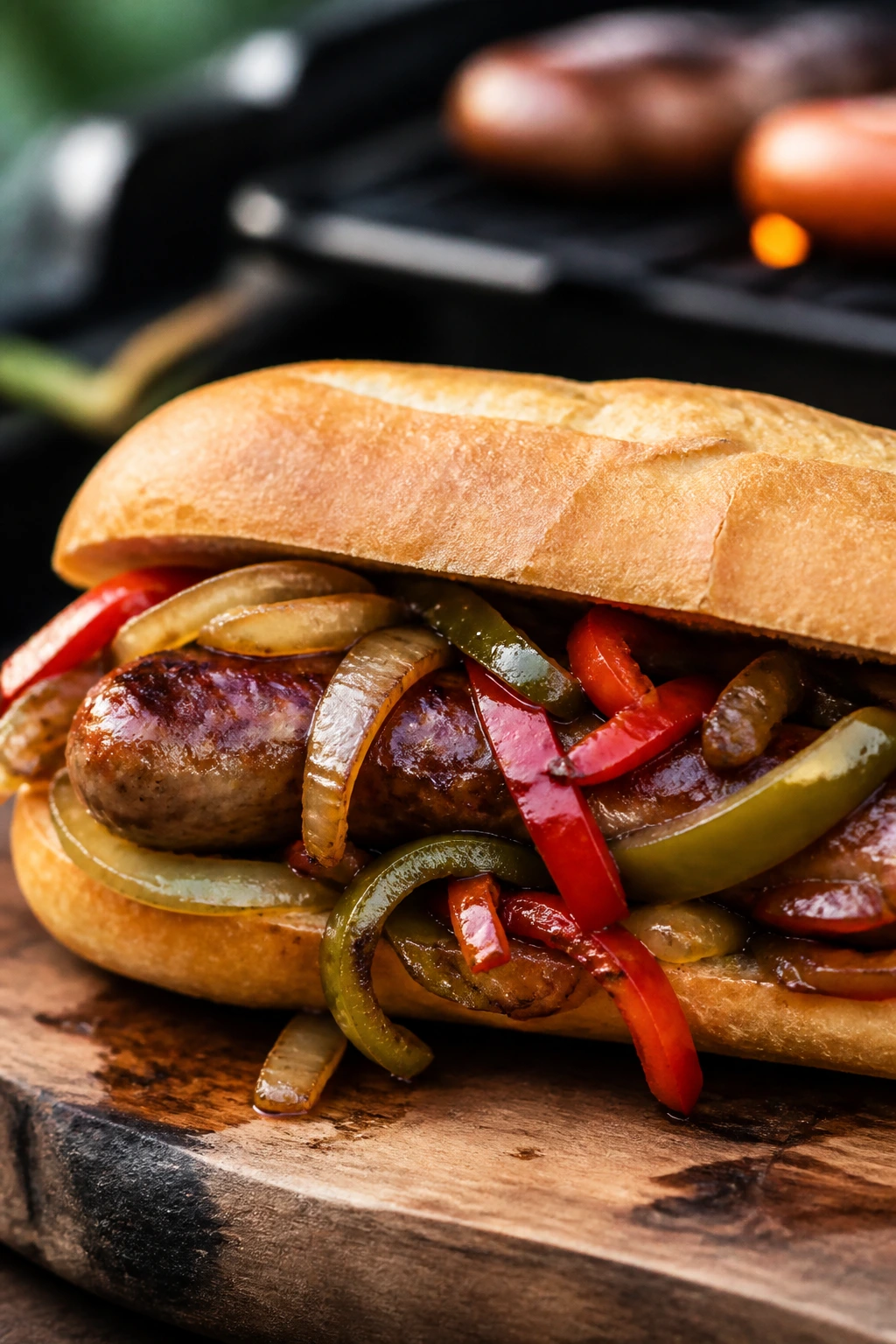 Close-up of a sausage and peppers hoagie on a wooden board.