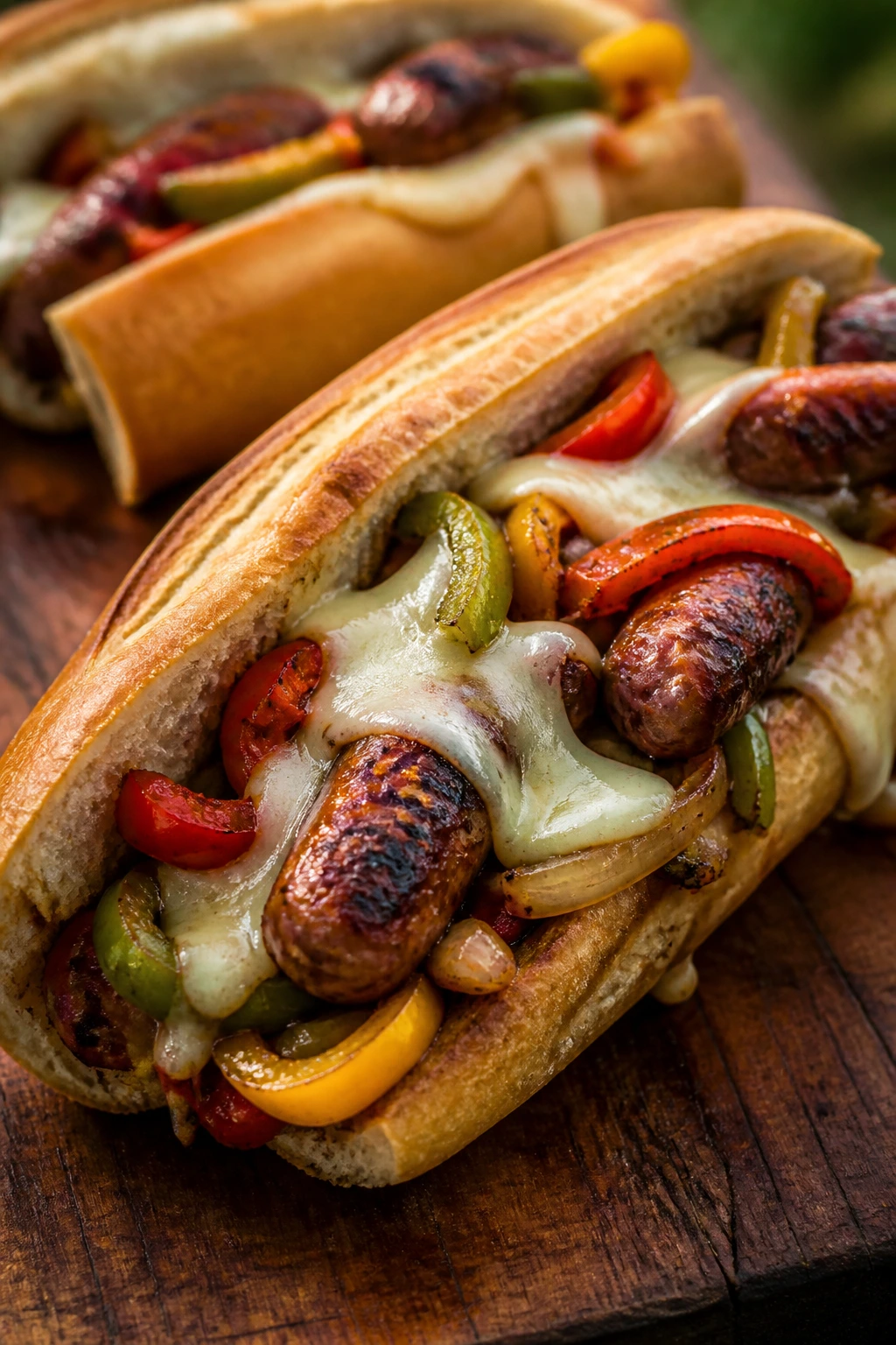 Close-up of Sausage Pepper Hoagies with peppers and onions