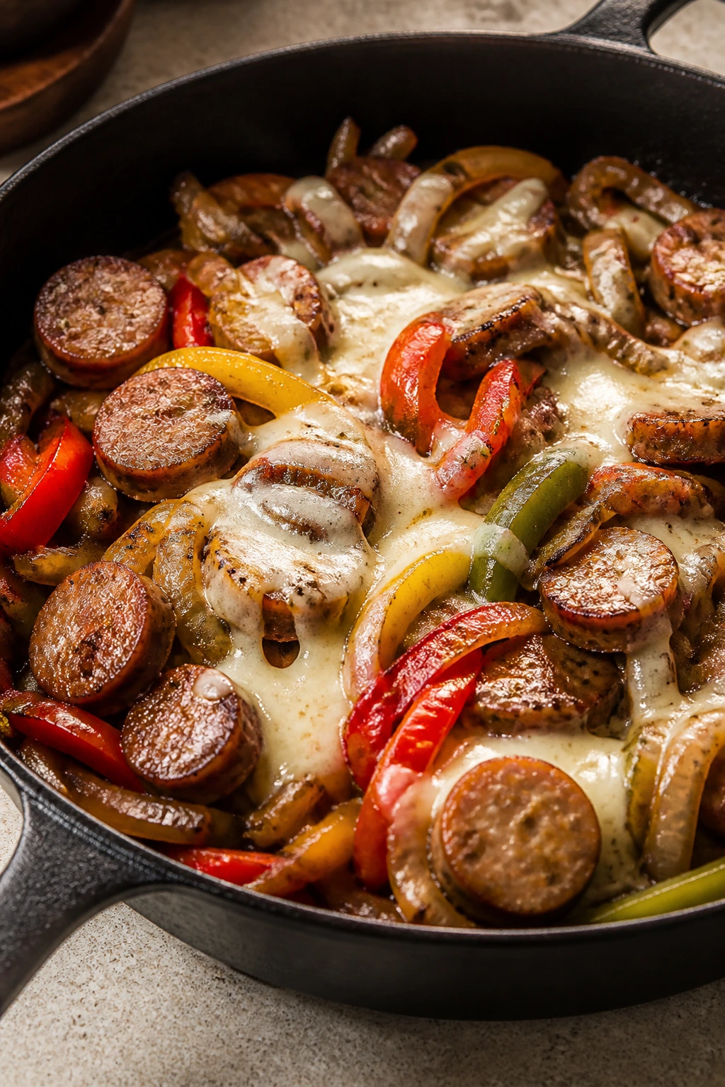 Sausage and peppers in a skillet with melted provolone.