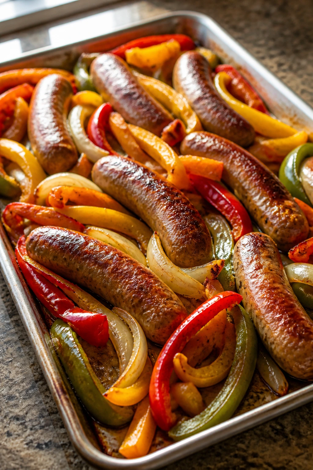 Sheet pan with roasted sausage and peppers for hoagies