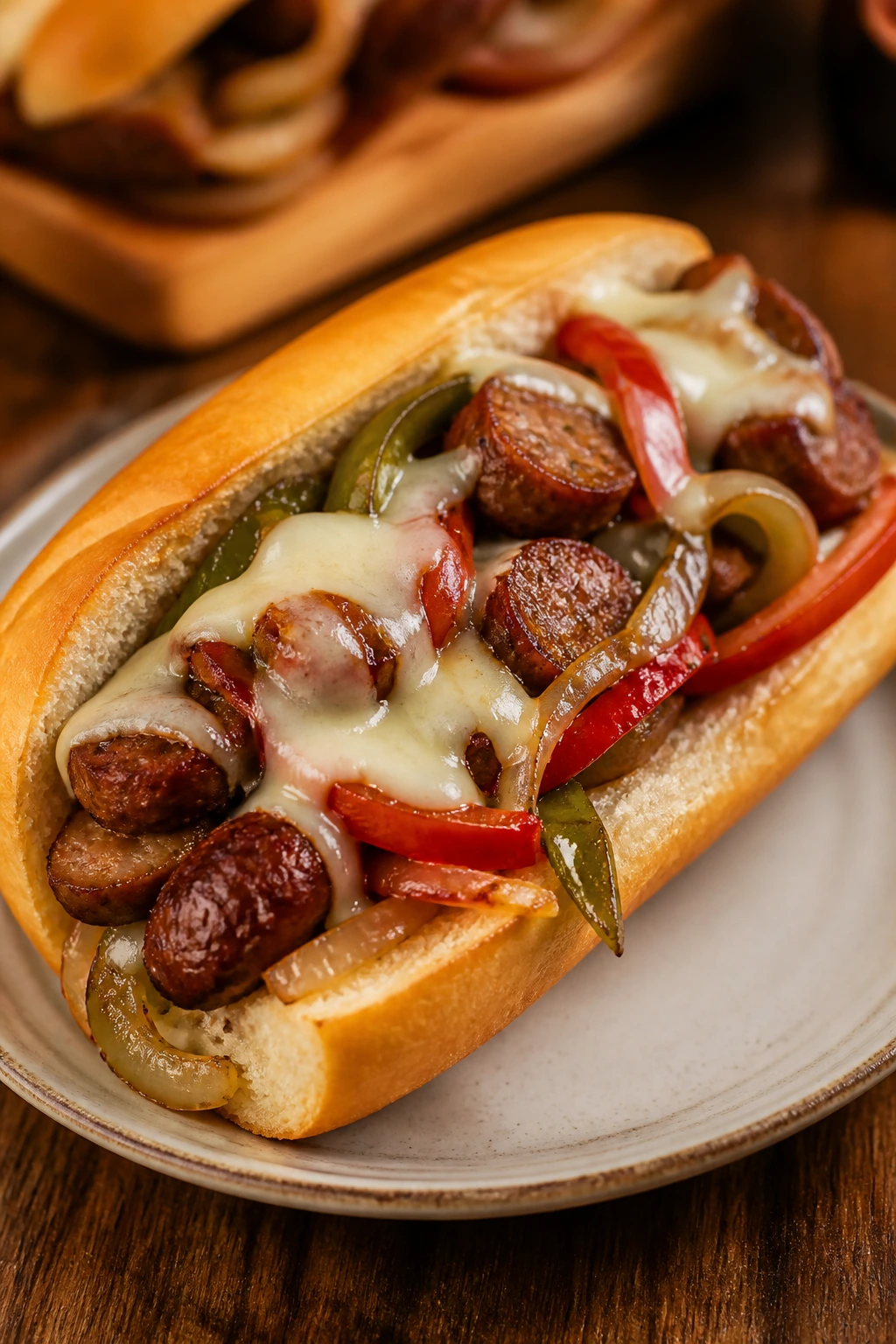 Close-up of a sausage and peppers hoagie on a plate with melted provolone