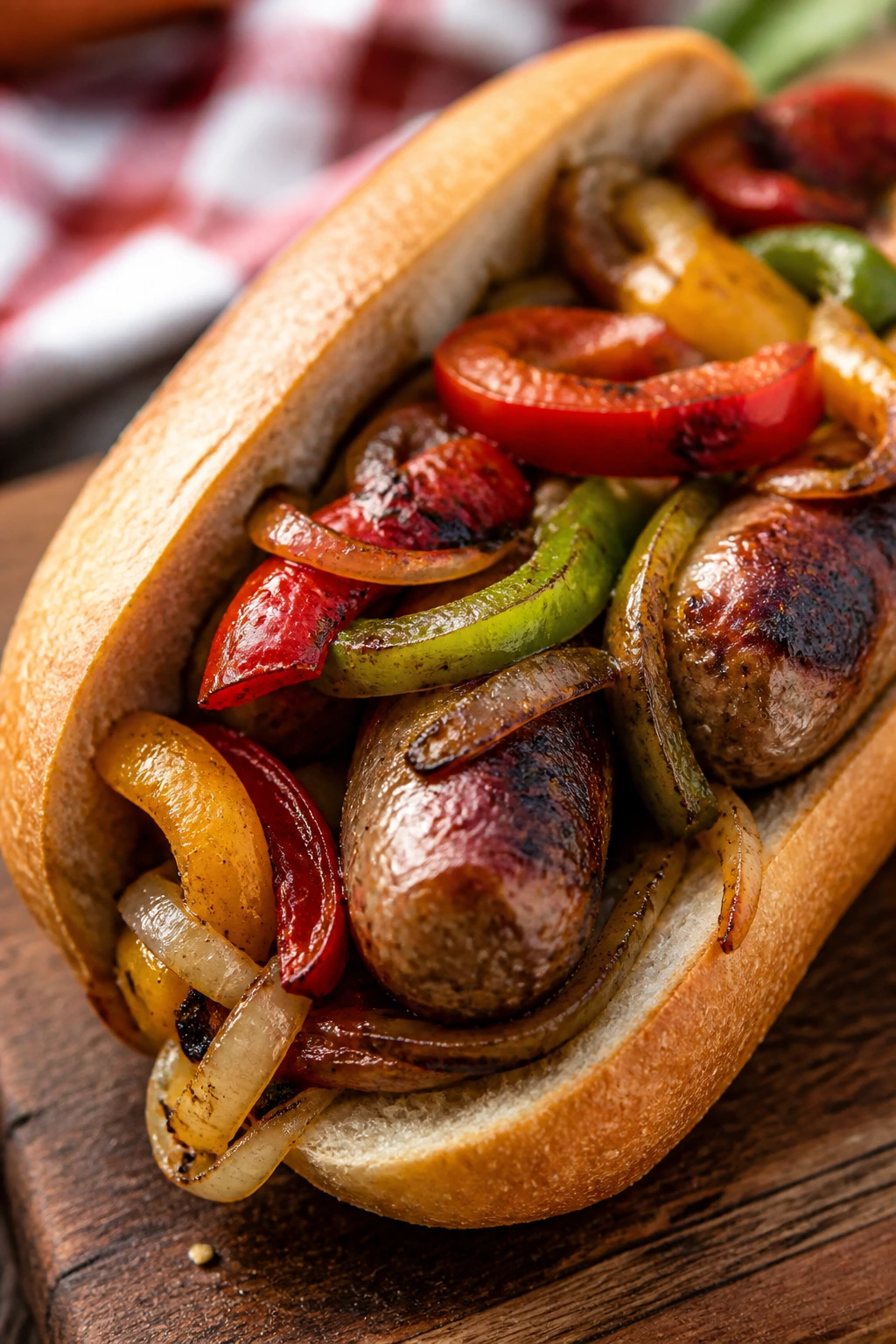 Toasted sausage and peppers hoagie on a board outdoors