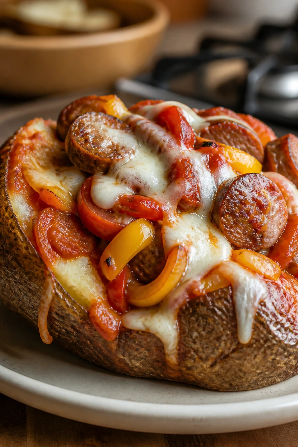 Loaded potato with sausage, peppers, and mozzarella