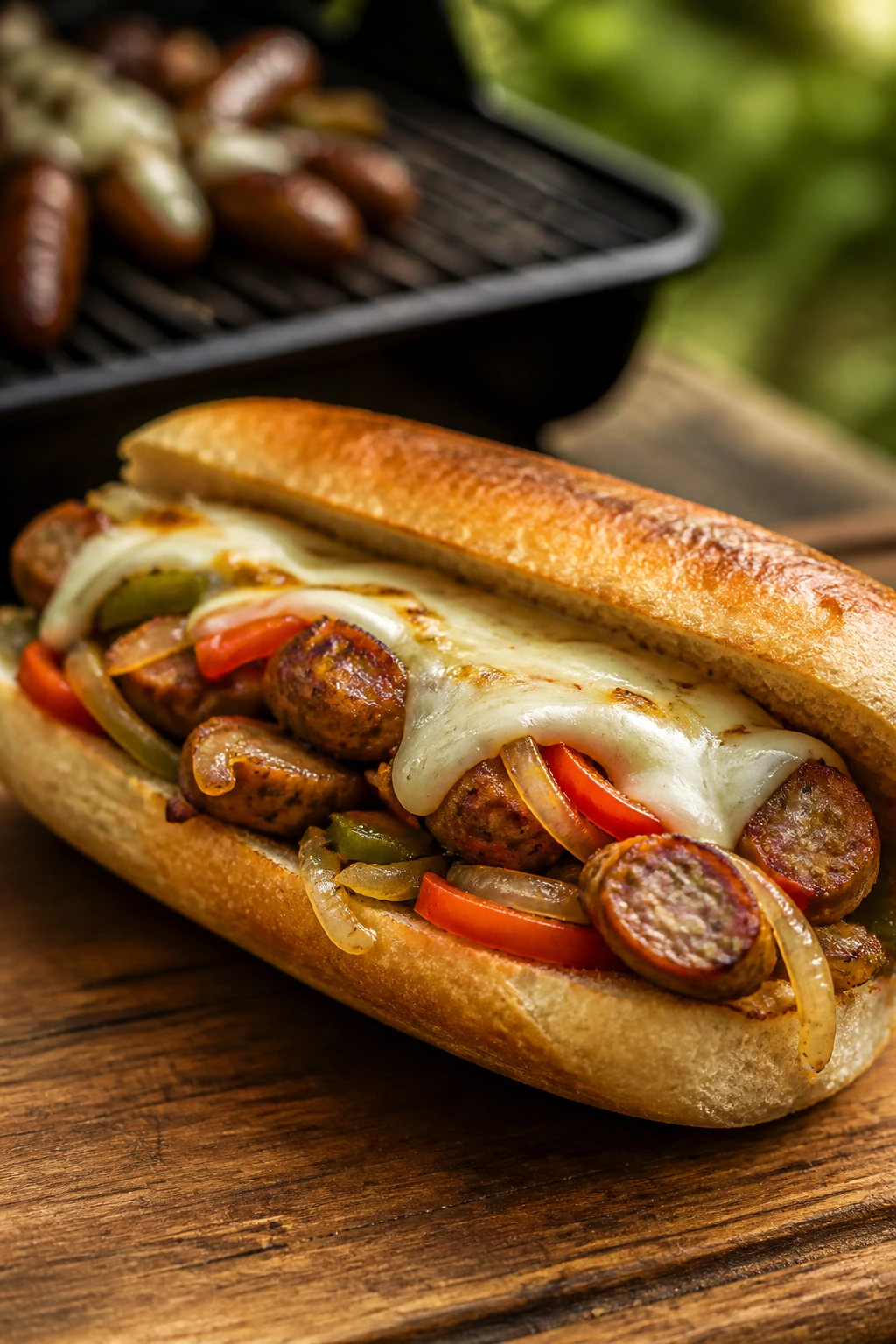 Close-up of Sausage Peppers and Onion Hero sandwich with melted provolone