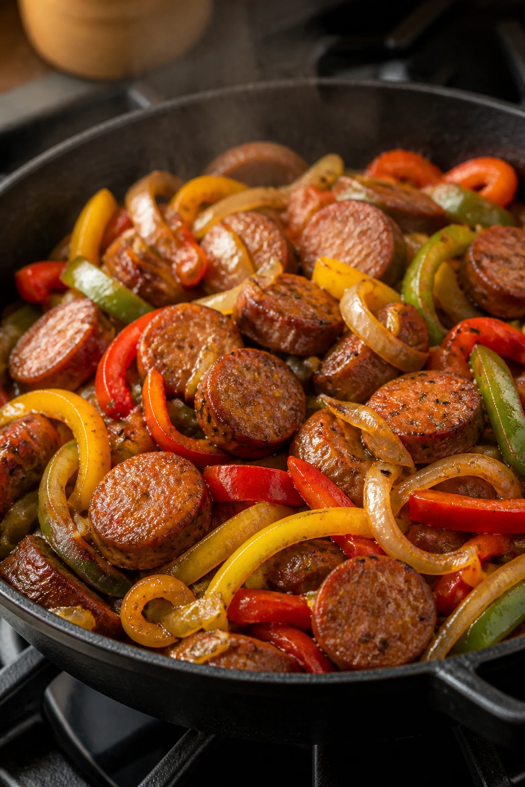 Sausage, peppers, and onions skillet close-up
