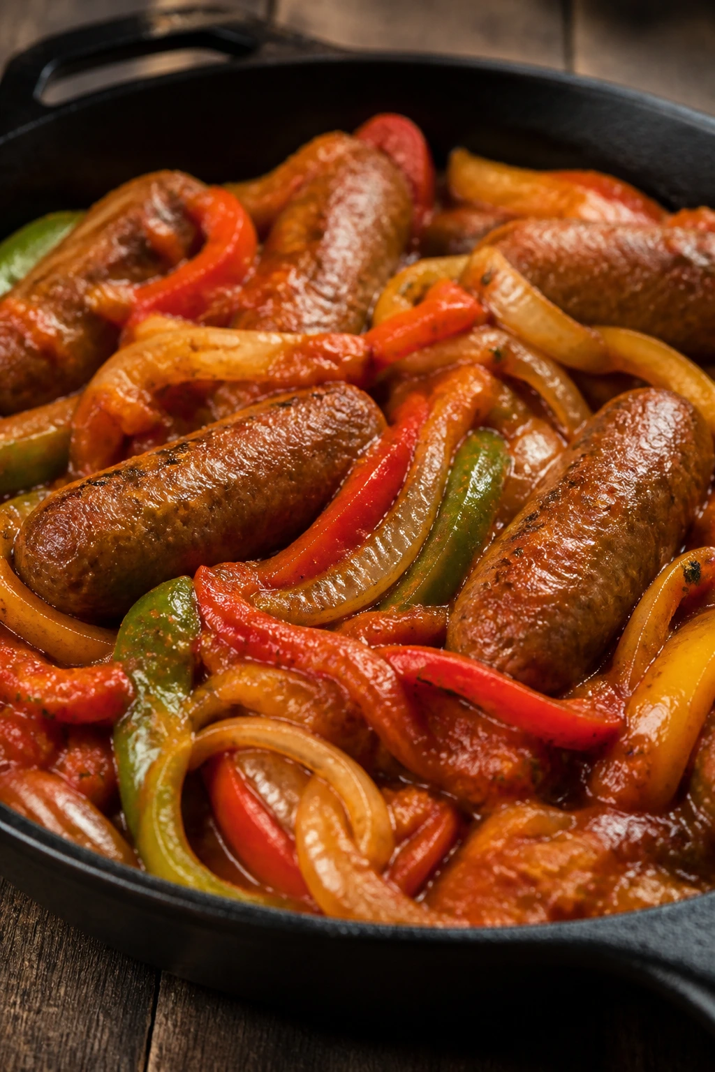Sausage and peppers in a skillet with peppers and onions
