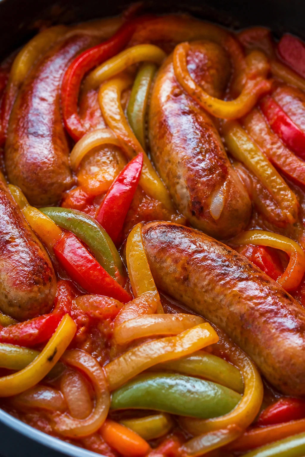 Close-up of sausage peppers and onions in tomato sauce