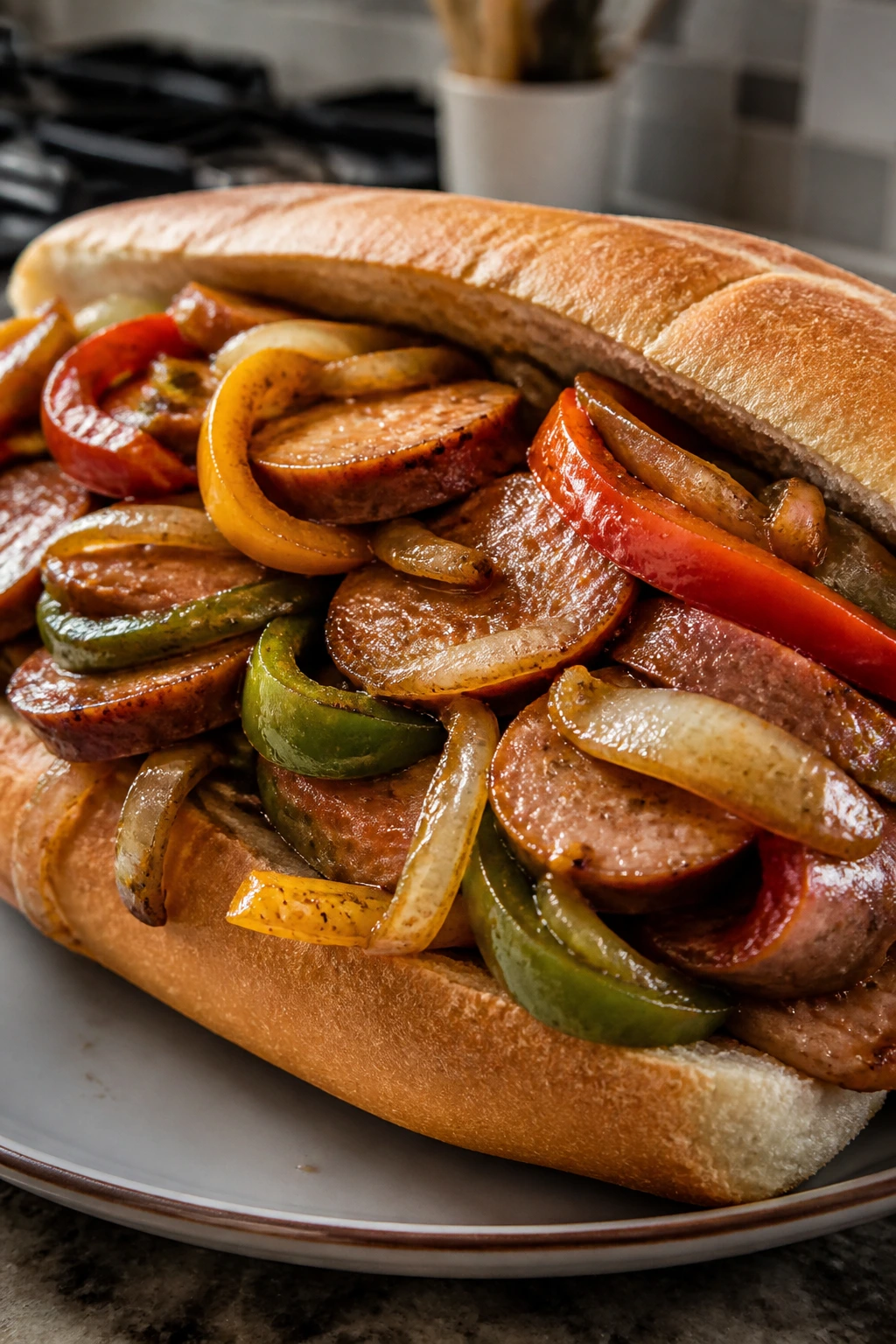 Sausage and peppers hoagie in a sandwich, filling the frame