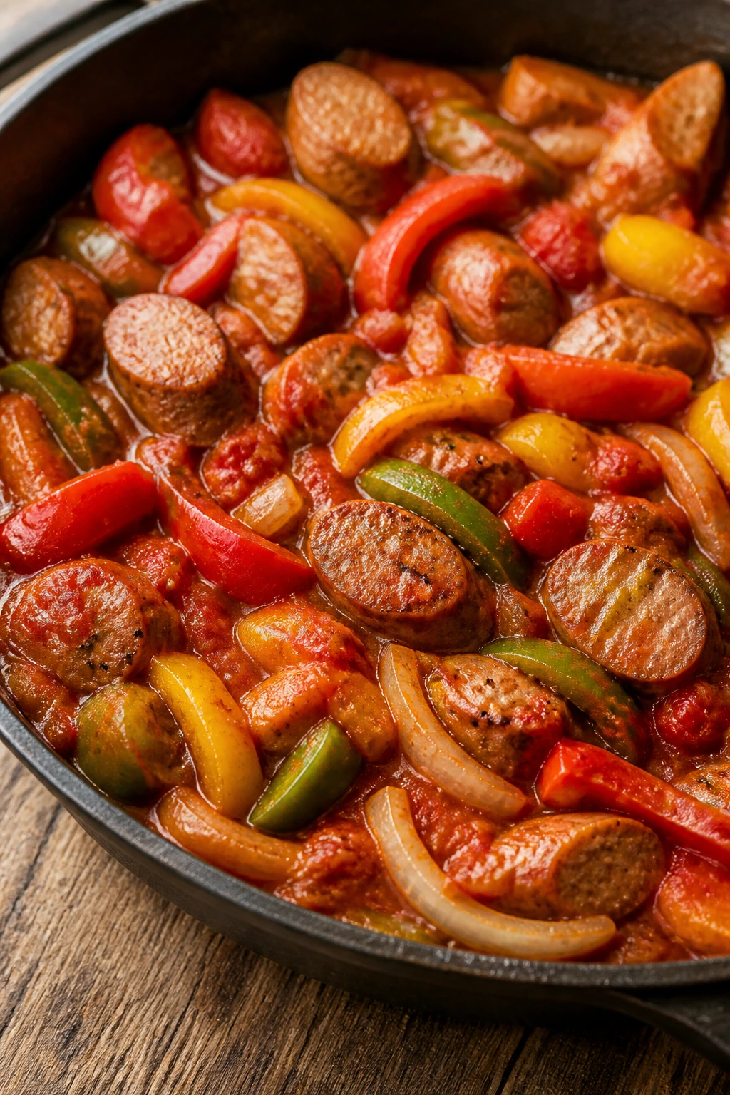 Close-up of sausage with peppers and onions in marinara