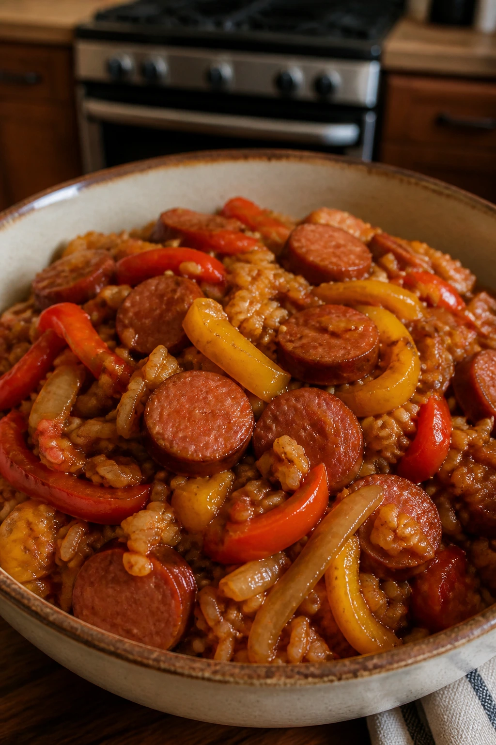 Close-up of sausage peppers onions rice cooker dinner