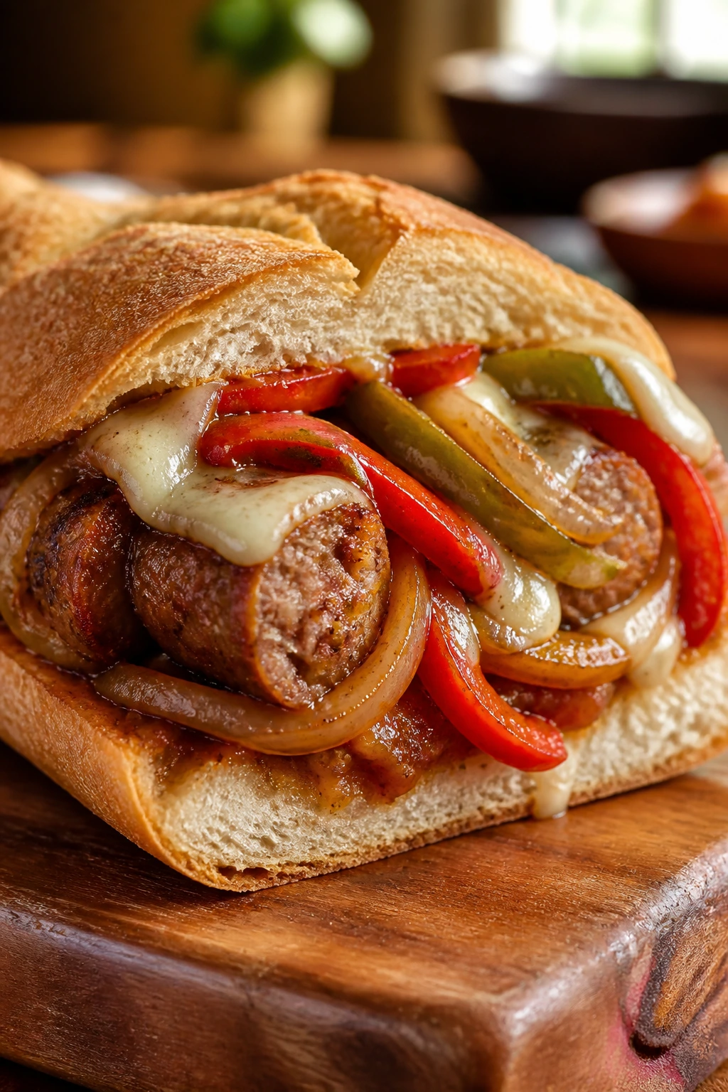 Cross-section of hot sausage peppers onions sub sandwich with melted cheese on crusty bread
