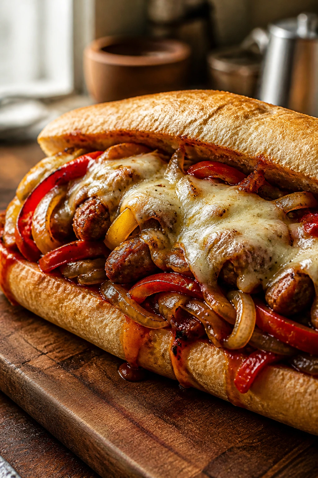 Close-up of a sausage, pepper, and onion sub on a toasted hoagie with melted cheese