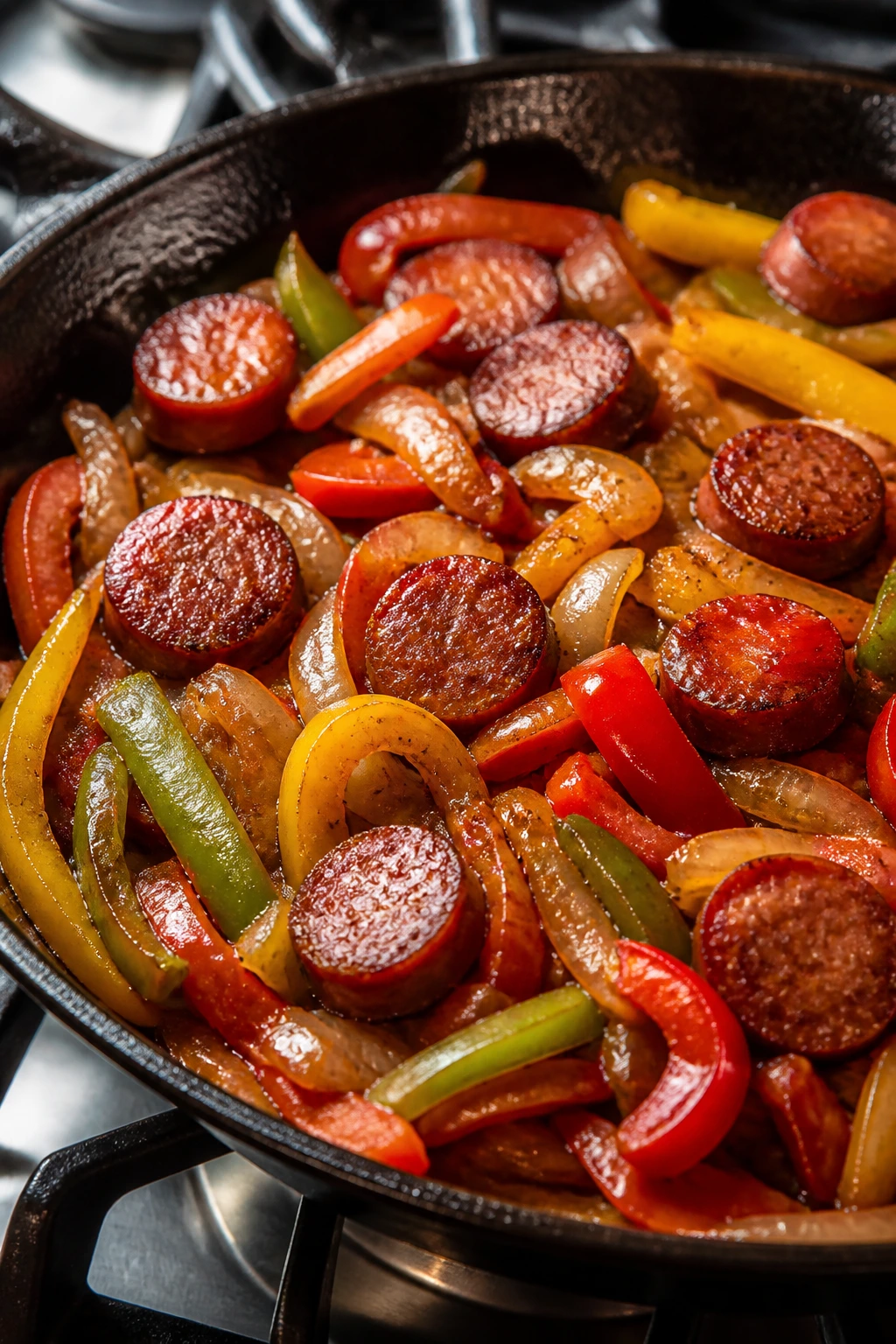 Close-up of smoked sausage with peppers and onions in a skillet