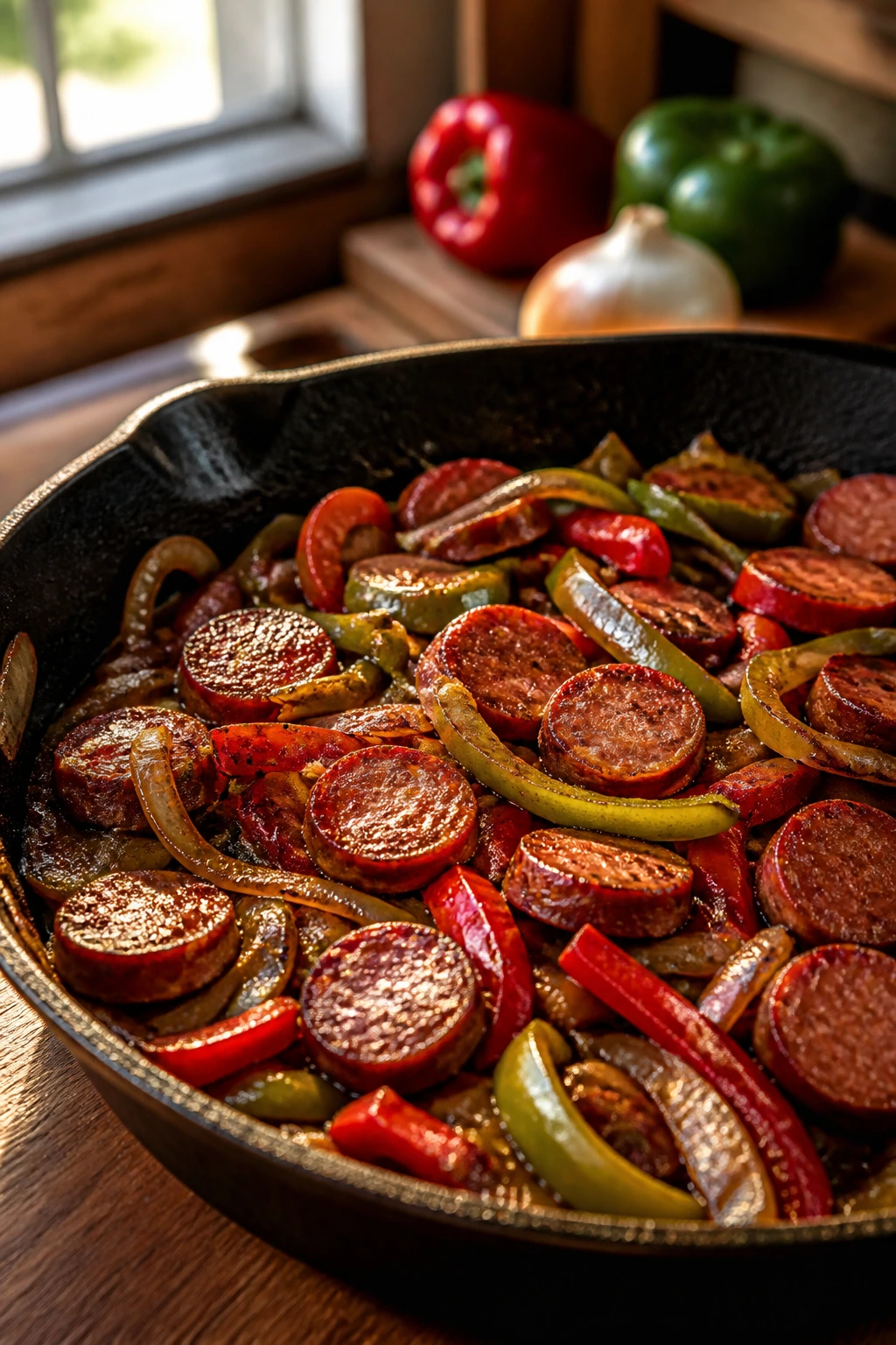 Close-up of sausage, peppers, and onions in a skillet with a glossy pan sauce