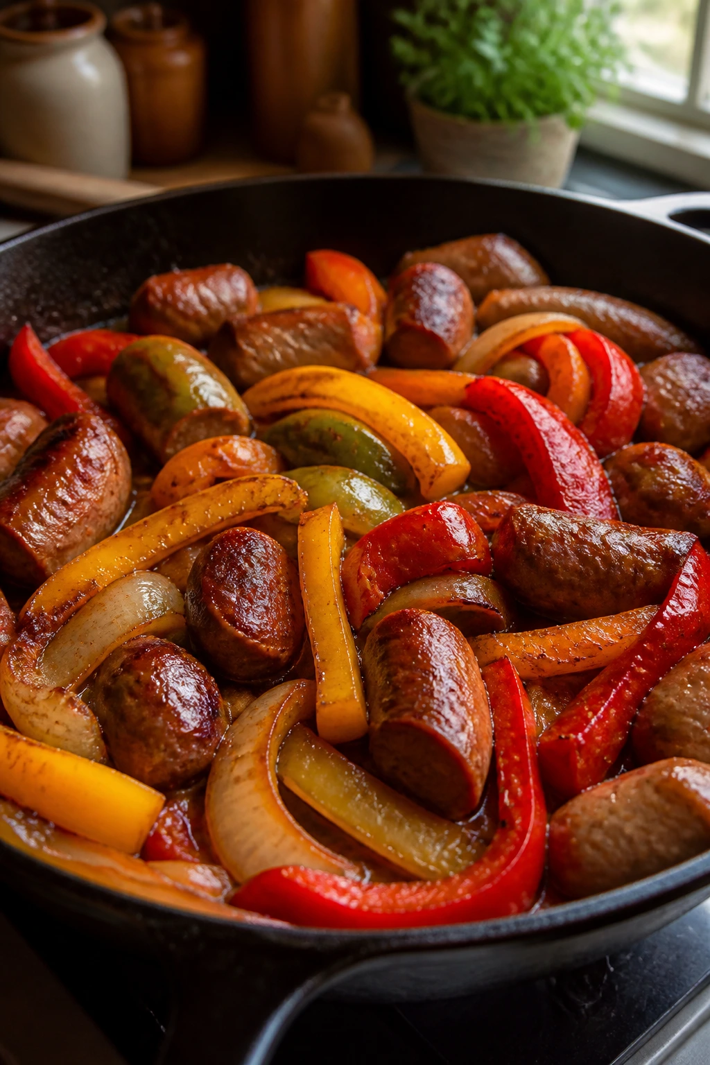 Close-up of a sausage pepper and onion skillet in a warm kitchen.