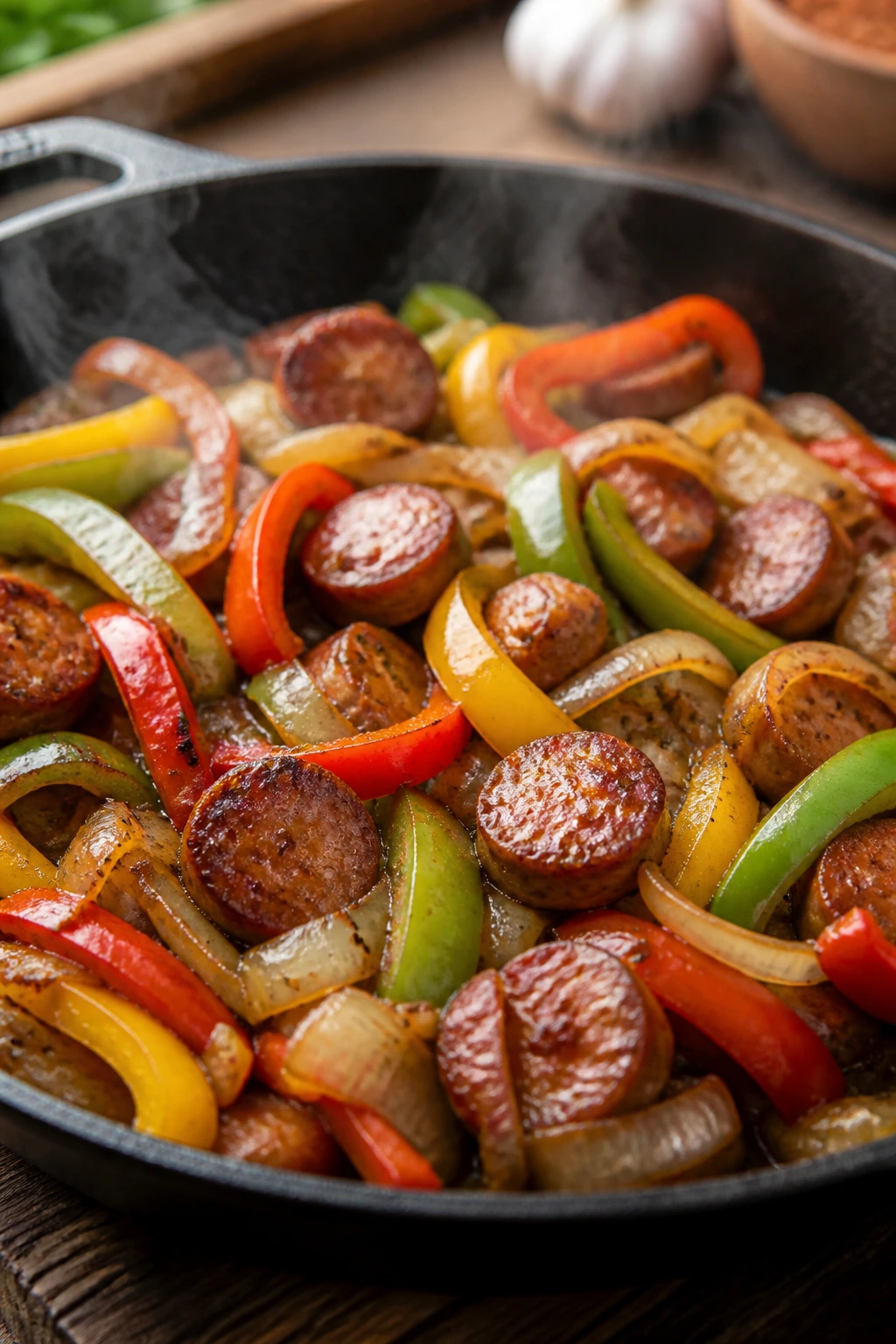 Close-up of sausage, peppers, and onions in a skillet in a rustic kitchen