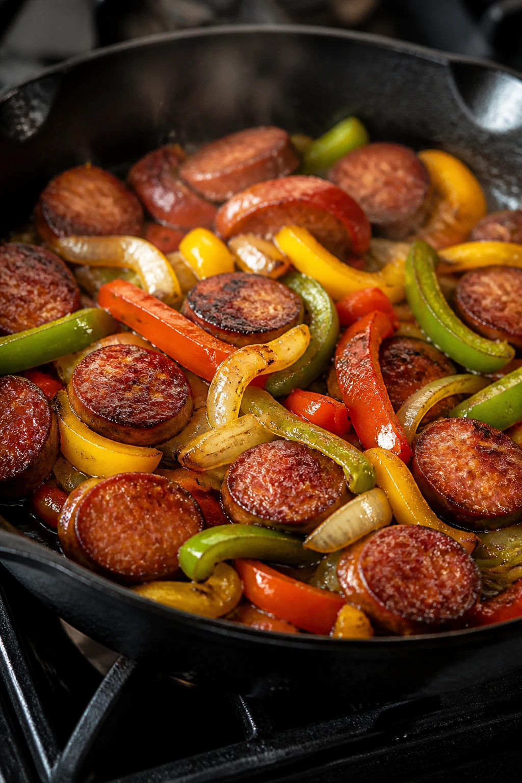 Cast-iron skillet with browned sausage slices, peppers, and onions on a stove