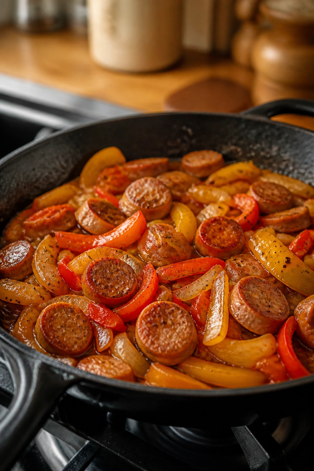 Skillet with sausage, peppers and onions cooking on stove