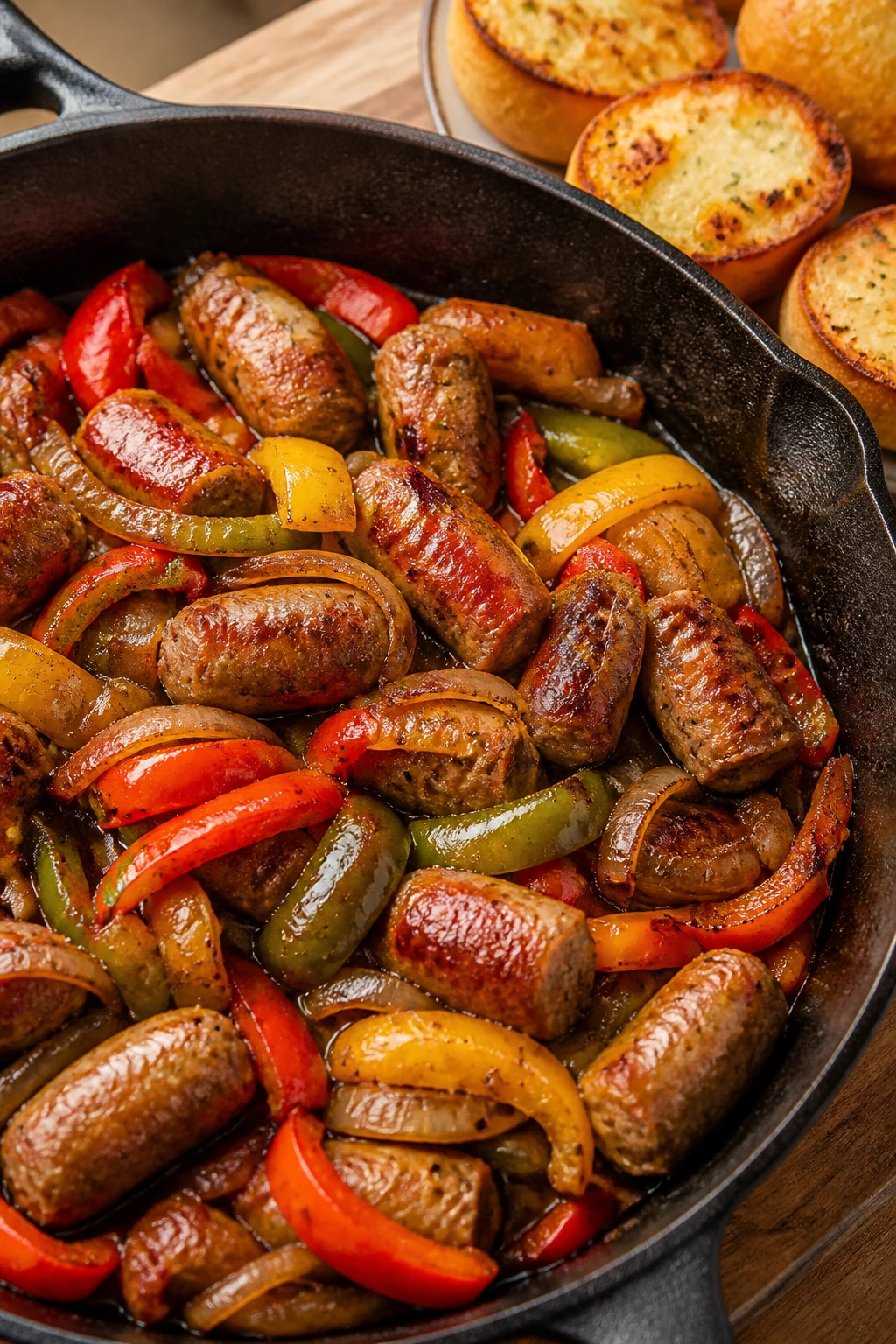 Sausage skillet with peppers, onions, and garlic rolls.