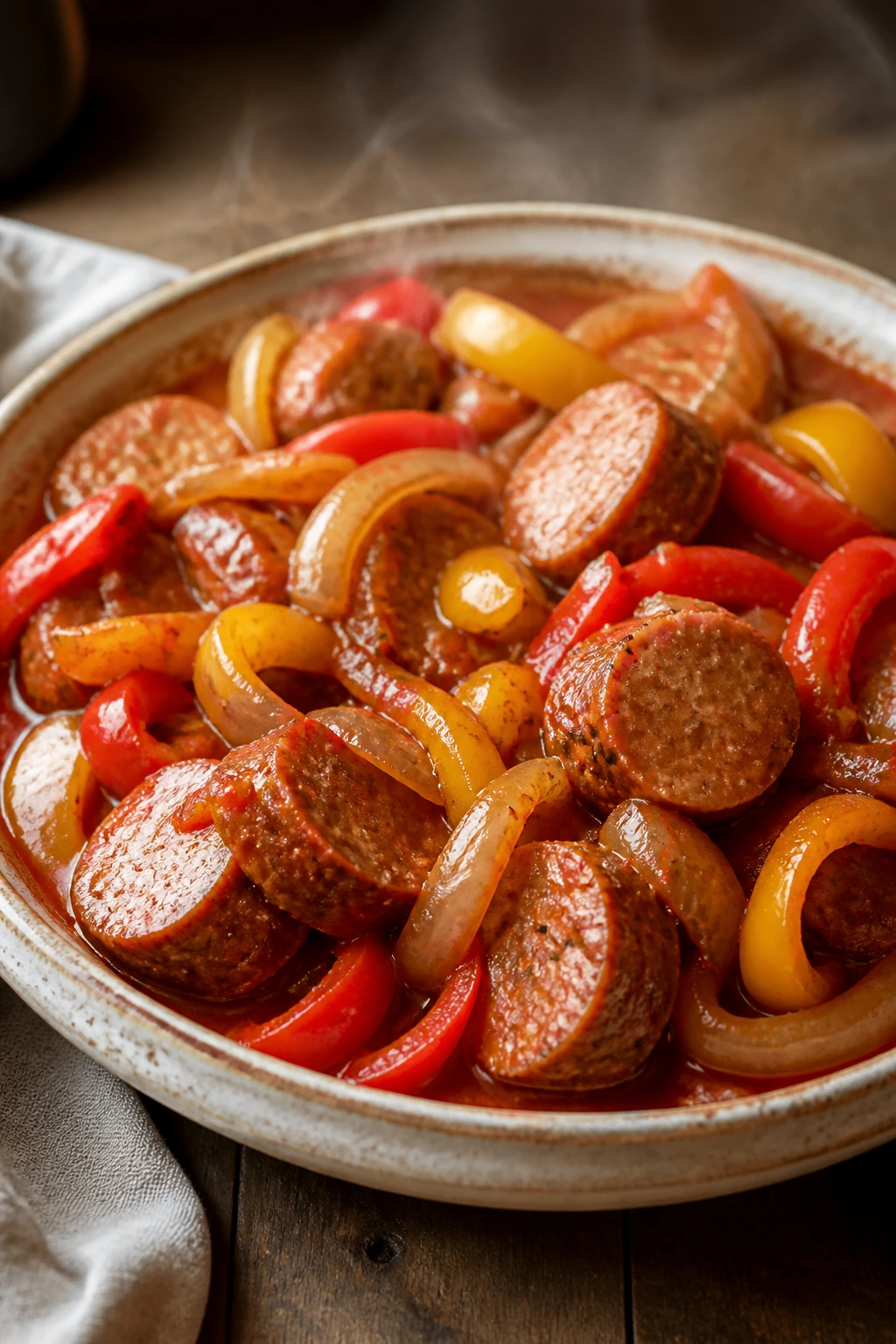 Close-up of sausage peppers onions in a rustic bowl with tomato sauce