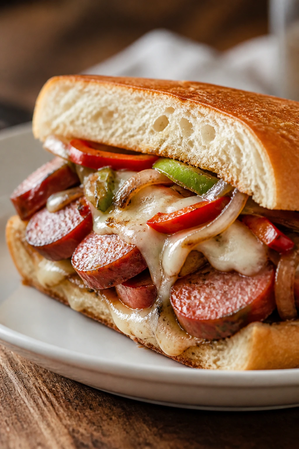 Close-up of a sausage and peppers sub with melted cheese on a plate.